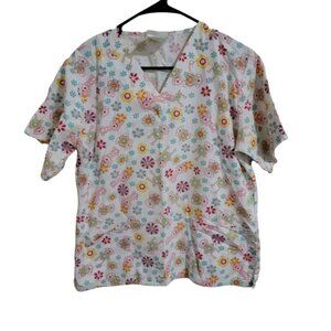 Happy Scrubs Medical Top Womens Size Small Monkey Flowers White Nursing Uniform